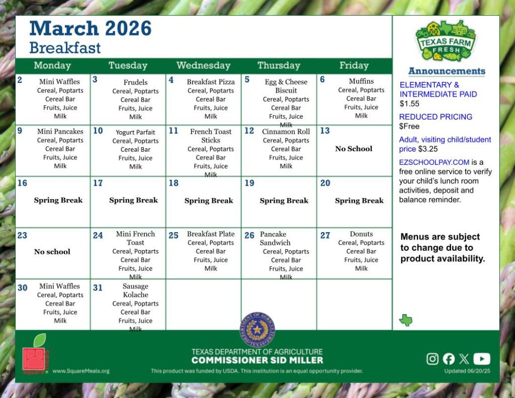 March Breakfast menu